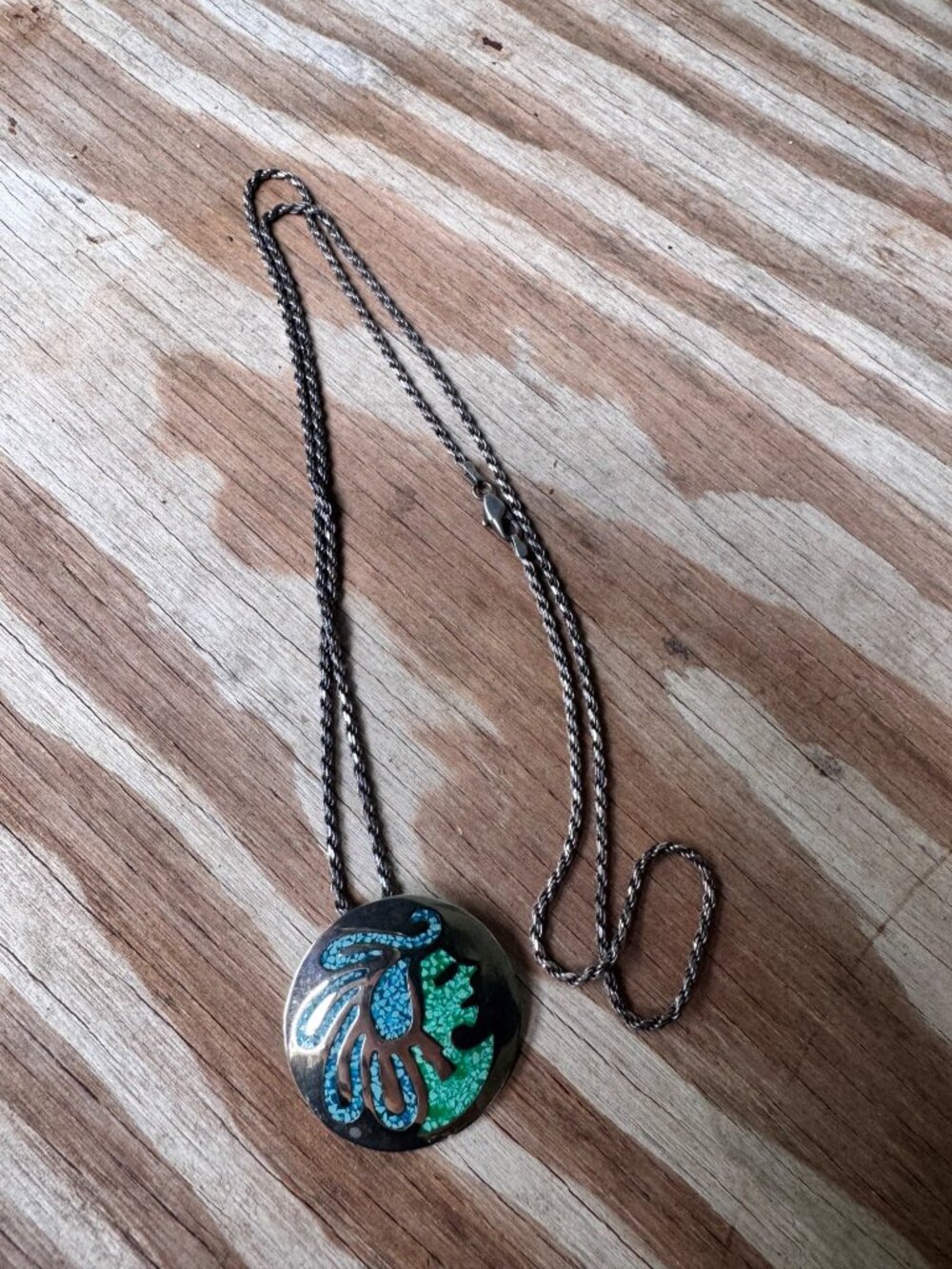 Taxco 925 Sterling Silver Turquoise Malachite Inlay Pendant Brooch Necklace